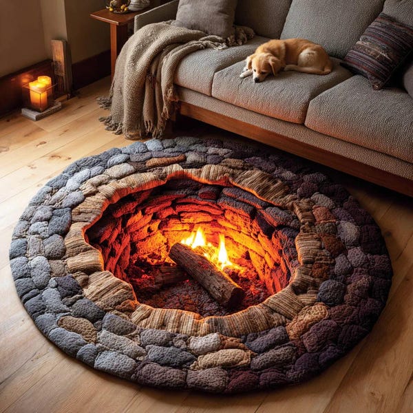 Rustic Fire Pit Illusion Round Rug – 3D Cozy Campfire Design, Cabin Lodge Decor, Warm Rustic Living Room Floor Mat