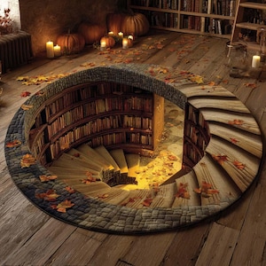 May include: A circular rug featuring a 3D spiral staircase design leading to a library. The rug has a stone wall border, wooden steps, and bookshelves filled with books. Autumn leaves are scattered around the rug, creating a cosy, autumnal aesthetic.