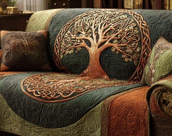 Celtic Tree of Life Sofa Cover, Rustic Woodland Couch Cover, Earth Tone Living Room Decor