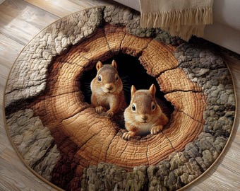 Chipmunk Round Area Rug, Cute Woodland Animal Illusion Rug, Forest Burrow 3D Printed Round Rug, Cozy Nature Home Decor