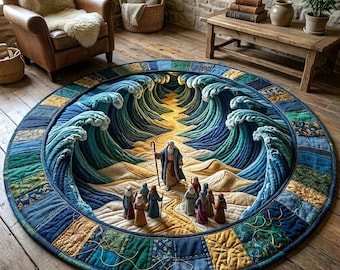 Parted Sea Round Mat – Biblical Moses Scene, Ocean Wave Design, Spiritual Floor Mat