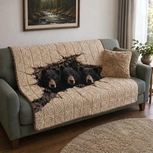 3 Schwarzbären Illusion Quilt Decke, rustikale Sofadecke, gemütliche Cabin Bear Bettwäsche, Forest Cottage Home Décor