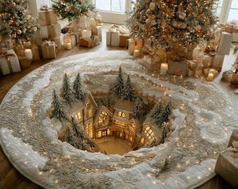 Snowglobe Village Printed Round Mat – 3D Christmas Winter Scene Rug