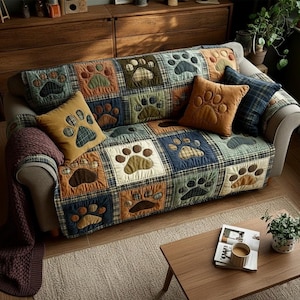 Puede incluir: Un sofá con un diseño de huellas de patas en patchwork. El sofá tiene una funda acolchada con cuadrados de varios colores, incluyendo marrón, azul y verde. Cojines a juego con huellas de patas están en el sofá. Una manta marrón está sobre el brazo.