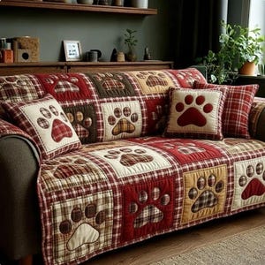 May include: A quilted sofa cover and matching throw pillows featuring a patchwork design with paw prints. The cover has a red, brown, and tan plaid pattern. The pillows have a white background with a red paw print.