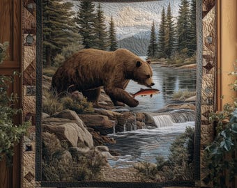 Bear Fishing Blanket, Rustic Wildlife River Scene Throw, Cabin Lodge Decor, Forest Nature Blanket, Outdoor Lover Gift
