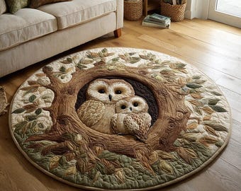 Cozy 3D Owl Nest Round Rug | Quilted Tree Hollow Illusion, Soft Non-Slip Living Room Floor Mat