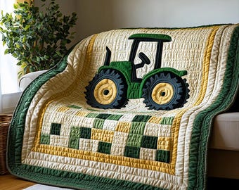Green Tractor Quilt Blanket, Farm Tractor Throw, Rustic Country Farm Blanket, Kids Farm Decor Gift