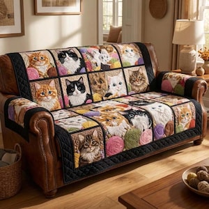 Cat Patchwork Sofa Cover and Pillow Set, Cute Kitten Yarn Couch Cover, Cat Lover Furniture Protector, Cozy Pet-Themed Living Room Decor