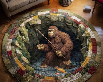 Bigfoot Fishing Round Floor Mat, Sasquatch Angler Rug, Rustic Cabin Round Rug, Funny Woodland Home Decor