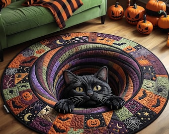 Alfombra redonda de gato negro de Halloween, alfombra de piso de gato espeluznante, alfombra de Halloween con túnel de gato 3D, alfombra redonda de área de campo de calabazas, decoración gótica de otoño