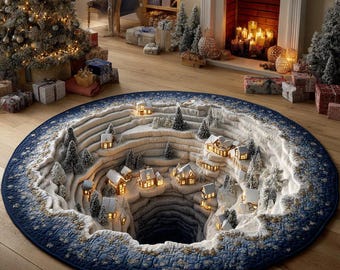 Christmas Village Canyon Quilted Round Mat, 3D Printed Snow Town Rug, Winter Wonderland Floor Mat, Holiday Home Décor Gift