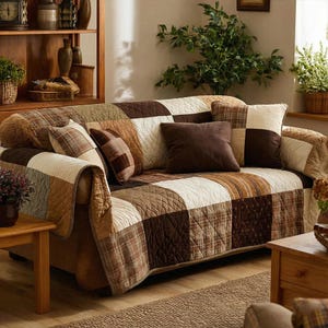 May include: A brown and beige patchwork sofa cover with matching throw pillows. The cover features a variety of patterns, including plaid and solid squares. The sofa is in a living room setting with wooden furniture and plants.