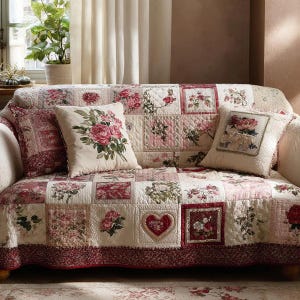 Puede incluir: Una funda de sofá de patchwork floral y cojines a juego. La funda presenta varios estampados florales en tonos rosa, rojo y verde sobre un fondo crema. Dos cojines muestran ramos de rosas. El sofá tiene un borde burdeos.