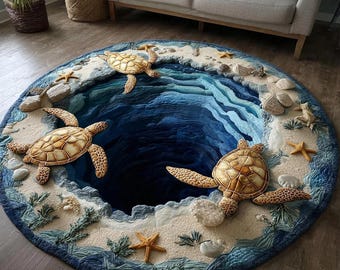 3D Meeresschildkröte runde Matte, Ozeanloch Illusion Bodenmatte, Küstenstrand Dekor, nautischer Schildkröten Teppich, rutschfeste gedruckte runde Matte