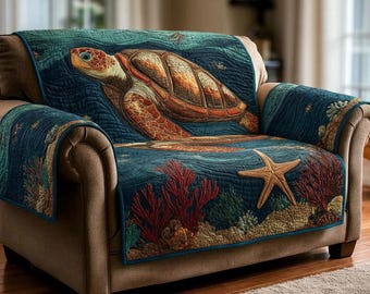 Sea Turtle Coral Reef Sofa Cover with Pillow Cover, Ocean Marine Couch Cover Set, Coastal Underwater Furniture Protector