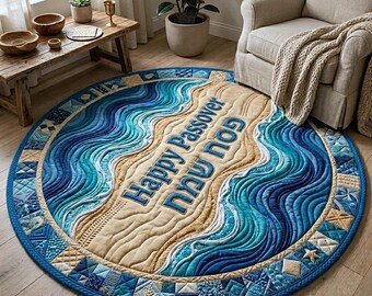 Happy Passover Round Mat – Coastal Beach Ocean Wave Design, Non-Slip Polyester Floor Rug