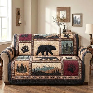 Peut inclure: Une housse de canapé matelassée avec un motif d'ours et d'empreintes de pattes. La housse présente un motif patchwork avec des images d'ours, de pins et de montagnes dans des tons de marron, beige et bordeaux. Conçue pour un canapé standard.