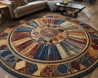 Feather Mandala Round Floor Mat, Boho Tribal Circular Rug, Rustic Feather Pattern Round Area Rug, Southwestern Style Home Decor