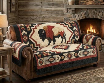 Western Buffalo Sofa Cover with Pillow Cover, Southwest Tribal Couch Cover Set, Rustic Cabin Furniture Protector