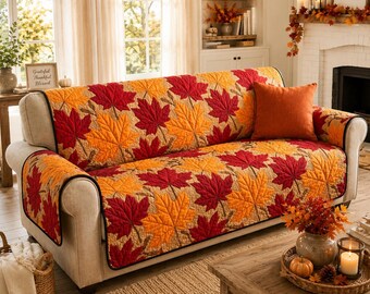 Juego de fundas para sofá y almohadas con estampado de hojas de arce otoñales, funda para sofá de otoño, decoración para sala de estar de Acción de Gracias, protector de muebles de cosecha.