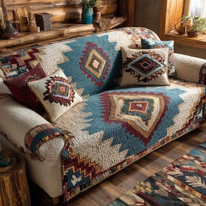May include: A sofa with a quilted cover and matching cushions. The cover displays a geometric pattern in blue, beige, red, and brown. The cushions have similar designs. The sofa is in a rustic setting.