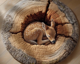 Sleeping Baby Deer Round Rug, Fawn Tree Stump 3D Illusion Rug, Woodland Animal Printed Round Area Rug, Cozy Nature Decor