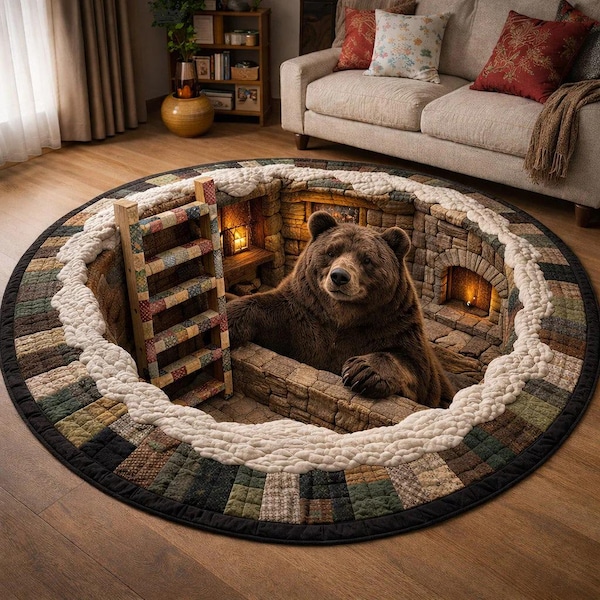 Cozy Bear Den 3D Illusion Round Mat, Rustic Cabin Bear Floor Mat, Woodland Animal Printed Circular Rug, Non-Slip Cozy Home Decor