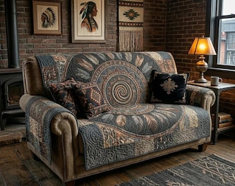 Boho Tribal Sofa Cover with Pillow Cover, Southwest Mandala Couch Cover Set, Rustic Geometric Furniture Protector