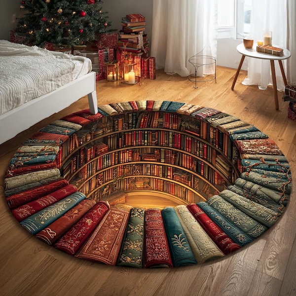 3D Library Hole Rug – Book Lovers Round Illusion Carpet – Fantasy Reading Nook Decor