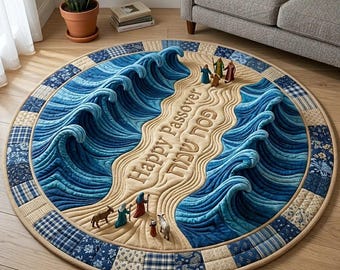 Ocean Wave Round Mat – Parted Sea Passover Design, Blue Waves Printed Floor Rug