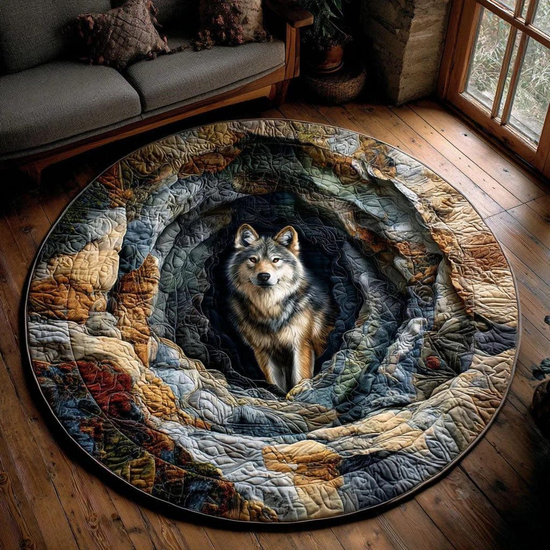 Wolf Rug Drawing Forest Wolf Printed Round Area Rug, Majestic Wolf Cave Art, Rustic ...