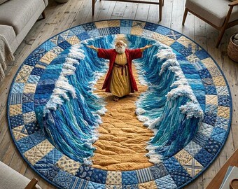 Parted Sea Round Mat – Biblical Moses Ocean Scene, Faith-Inspired Blue Wave Polyester Floor Mat