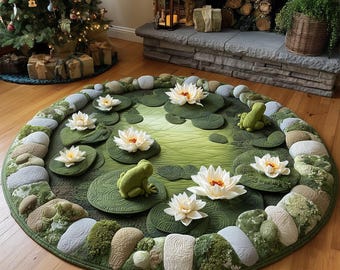 Alfombra redonda de ranas del valle de los lirios, alfombra de ranas de estanque de nenúfares, alfombra Nature Garden Illusion, alfombra circular botánica zen