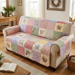 Può includere: Una coperta per divano patchwork dai colori pastello, con quadrati ricamati a tema giardino. Il design include annaffiatoi, attrezzi da giardinaggio e cesti di fiori. La coperta è drappeggiata su un divano beige.