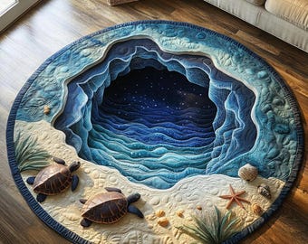 3D-Ozeanhöhle, runde Matte, Meeresschildkröte-Strand-Illusion, Küstendekor, rutschfeste bedruckte runde Matte