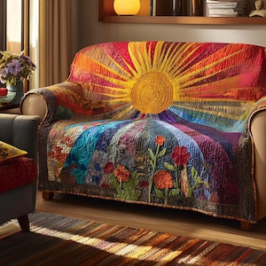 May include: A vibrant sofa cover with a sunburst design in yellow, orange, red, and blue hues. The lower section showcases embroidered flowers and leaves. The cover is placed on a beige sofa, adding a splash of colour to the room.