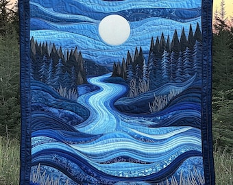 Manta acolchada Río Iluminado por la Luna, Manta Paisaje Azul, Manta Arte Bosque Nocturno, Decoración para el Hogar con Paisaje Natural