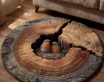 Robin Bird Nest Round Rug, Woodland Bird 3D Illusion Rug, Cute Nature Printed Round Area Rug, Cozy Forest Home Decor