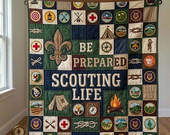 Manta acolchada "Prepárate para la vida scout", manta de patchwork con insignias scout, regalo para aventuras de acampada, manta rústica de decoración para exteriores.