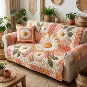 May include: A sofa adorned with a daisy-patterned quilt and a matching cushion. The quilt showcases large white daisies with yellow centres and green leaves, set against a patchwork of peach, pink, and cream fabrics. The sofa is a neutral colour.