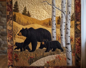 Bear Family Forest Blanket, Rustic Wildlife Bear Throw, Cabin Lodge Decor, Nature Woodland Gift, Cozy Autumn Landscape Blanket