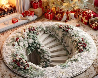 Winter Hidden Stairs 3D Quilted Round Rug – Elegant Christmas Stairwell Illusion Decor