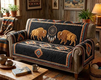 Southwest Buffalo Sofa Cover with Pillow Cover, Tribal Dreamcatcher Couch Cover Set, Rustic Western Furniture Protector