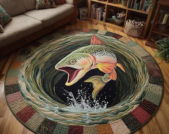 3D Forellenangeln runde Matte, springender Fisch Sprudelteppich Illusion Bodenmatte, Fischer Geschenk, rutschfeste bedruckte runde Teppichdekoration
