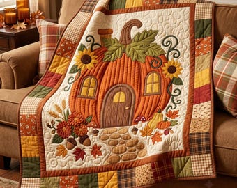 Manta acolchada con diseño de casa de calabazas, manta otoñal con forma de casa de calabazas, decoración otoñal de granja, manta para el Día de Acción de Gracias, regalo acogedor de cosecha.