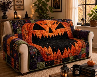 Juego de fundas para sofá y almohadas con diseño de calabaza de Halloween, protector de sofá con forma de linterna de calabaza, decoración espeluznante para sala de estar de otoño, funda para muebles de otoño
