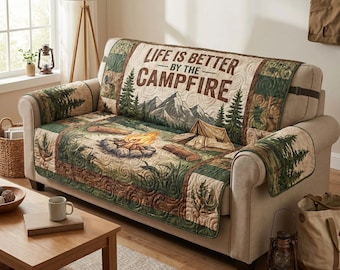 Life Is Better by the Campfire Sofa Cover, Camping Couch Cover with Forest & Tent Design, Rustic Cabin Living Room Decor