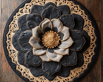 Black Gold Mandala Quilted Round Mat, Luxury Floral Floor Decor, Elegant Boho Round Mat, Artistic Home Accent