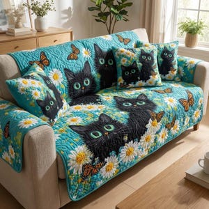 Black Cat Daisy Sofa Cover and Pillow Set, Cute Cat Floral Couch Cover, Butterfly Garden Furniture Protector, Cozy Pet Lover Home Decor